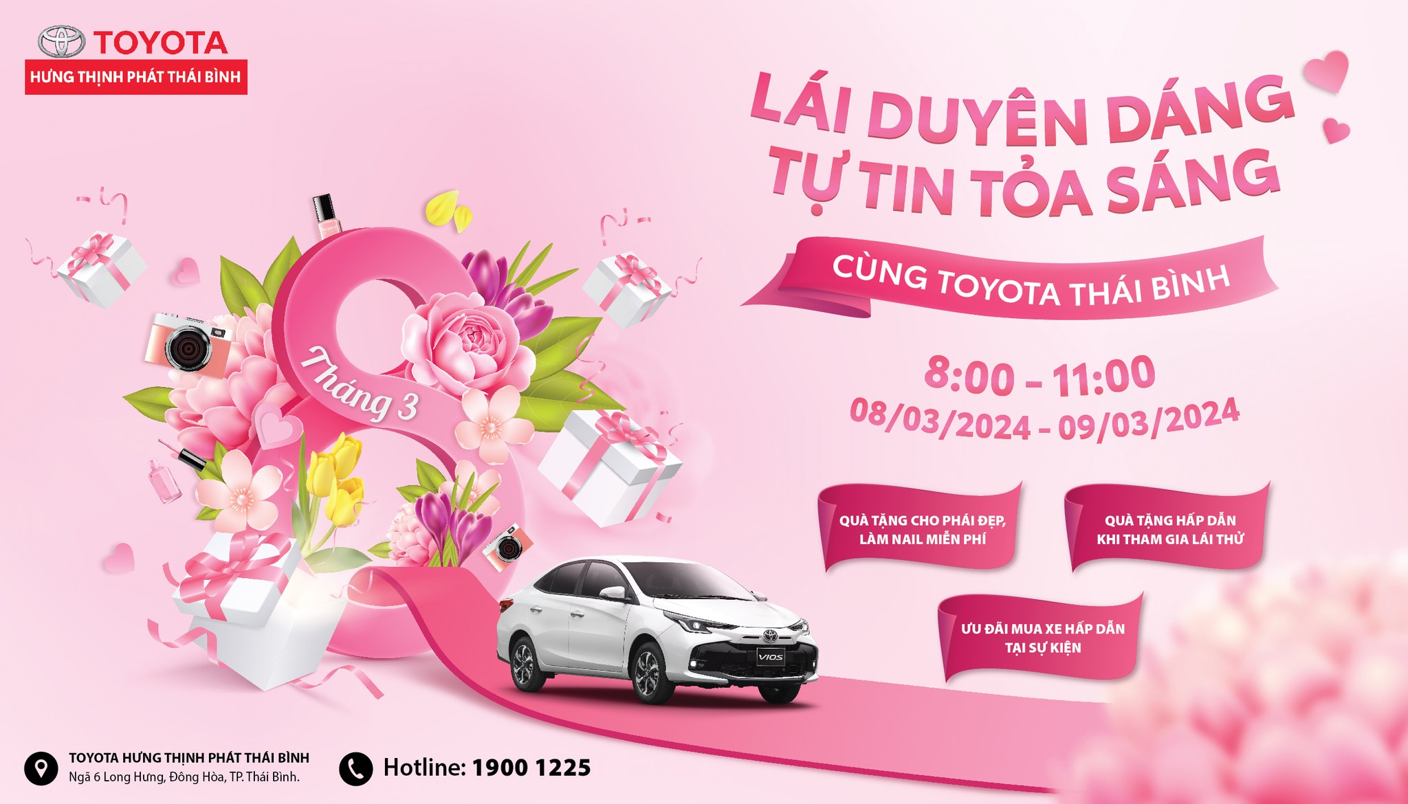 🌸🚗 Chào mừng Ngày Quốc Tế Phụ Nữ với sự kiện lái thử đặc biệt “𝑳𝑨́𝑰 𝑫𝑼𝒀𝑬̂𝑵 𝑫𝑨́𝑵𝑮 – 𝑻𝑼̛̣ 𝑻𝑰𝑵 𝑻𝑶̉𝑨 𝑺𝑨́𝑵𝑮” từ Toyota Hưng Thịnh Phát Thái Bình 🚗🌸